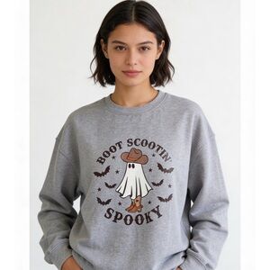 cozy ‘Boot Scootin' Spooky’ grey cowboy ghost crewneck sweatshirt